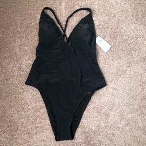NWT Black High Leg V neck Swimsuit sz M